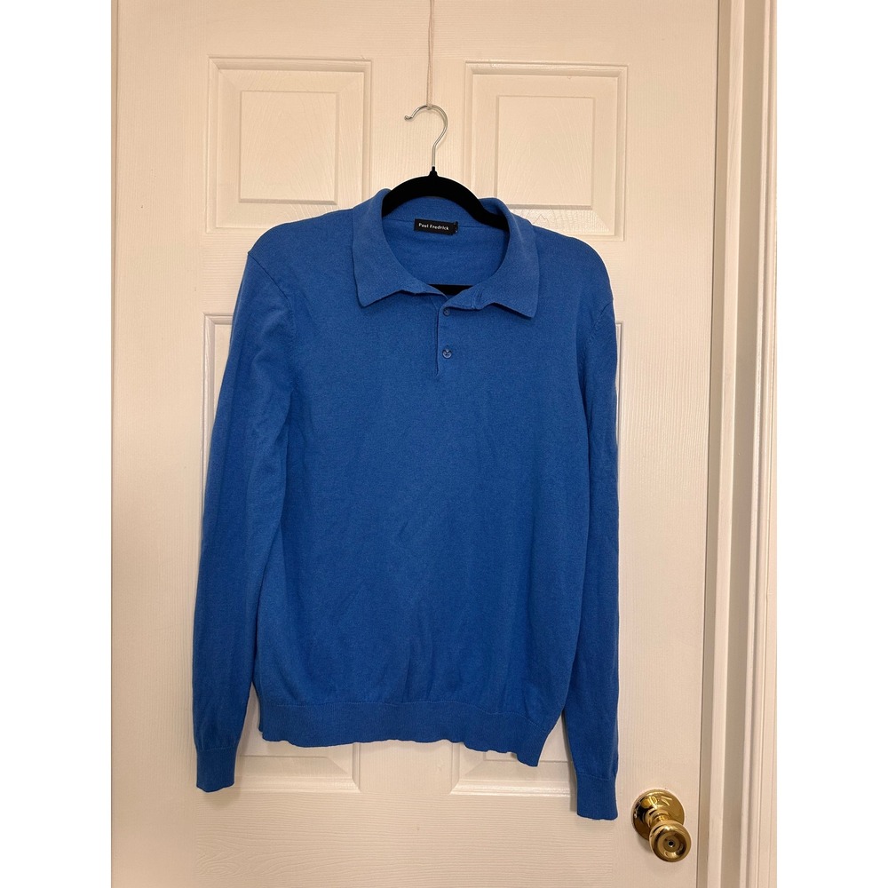 Silk Cotton Cashmere Blend Polo Sweater Blue Long Sleeve Mens Medium